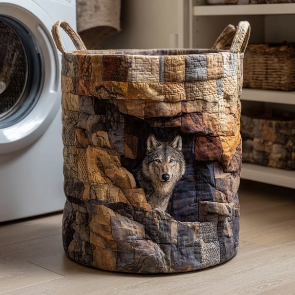 Cave Wolf Guardian Quilted Laundry Basket, Dark Forest Wolf Storage Hamper for Home