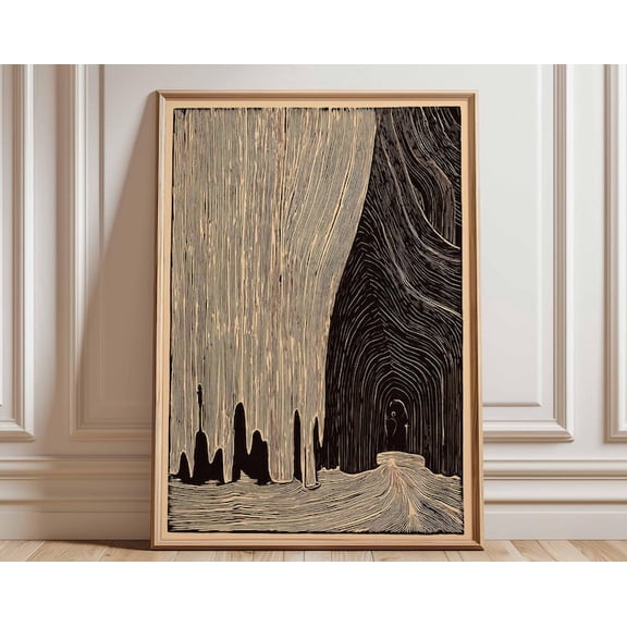 Cave Woodcut Dark Surreal Landscape Minimalist Nature Mysterious Forest Line Art Wall Art Print, Unframed Paper Poster 8x10in