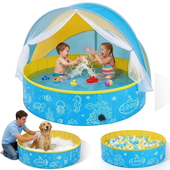 Foldable Kiddie Pool with Canopy, Portable Pool with Sunshade, 47in Pool Beach Tent Swimming Pool Dog Pool with Shade for Outdoor Backyard Beach