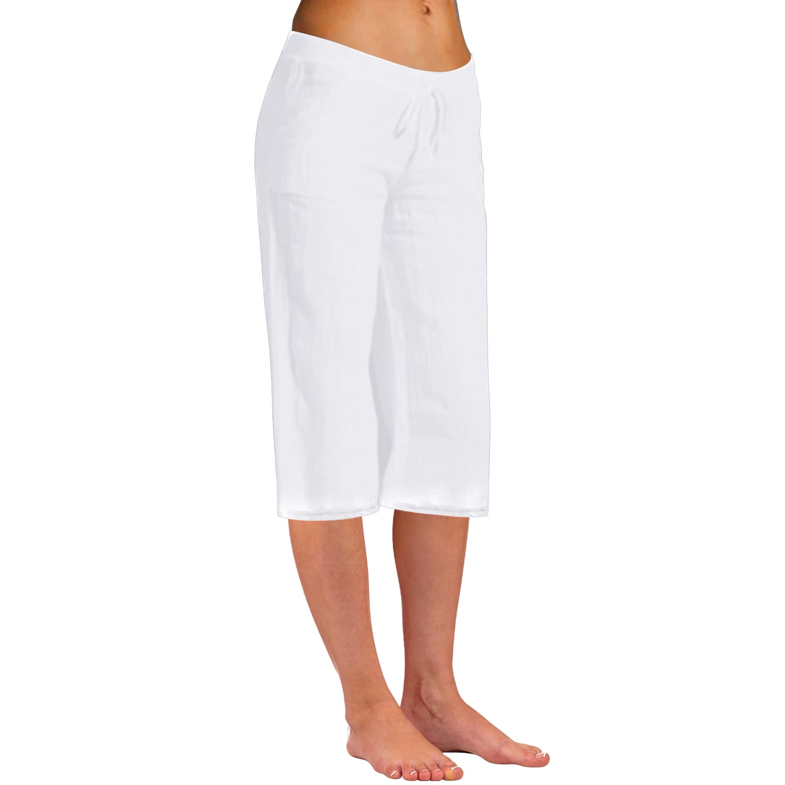 Caveitl Capri Pants For Women Casual Summer,Fashion Women Summer Casual  Loose Pockest Elastic Waist Solid Trousers Capris Pants White,L