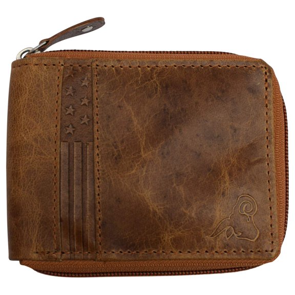 Cavelio Genuine Leather Slim Bifold Zipper Men Wallets RFID Blocking USA Series 1256HU TAN
