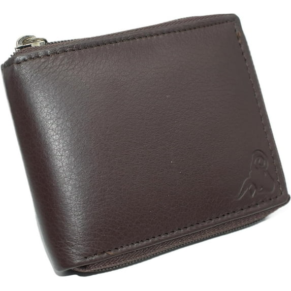 Cavelio RFID Blocking Cowhide Leather Zip-Around ID Bifold Wallet for Men with Gift Box Brown