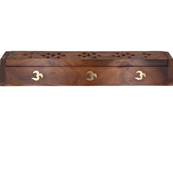 Cavelio  Rose Wooden Coffin Incense Burner - Jali and Om 12" - Brass Inlays & Storage Compartment- 6 Pack