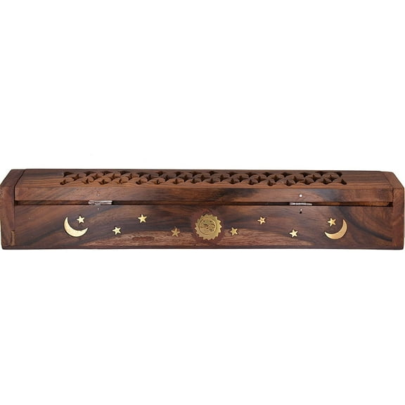 Cavelio  Rose Wooden Coffin Incense Burner - Jali and Sun-Moon-Stars12 - Brass Inlays & Storage Compartment EL-4 1