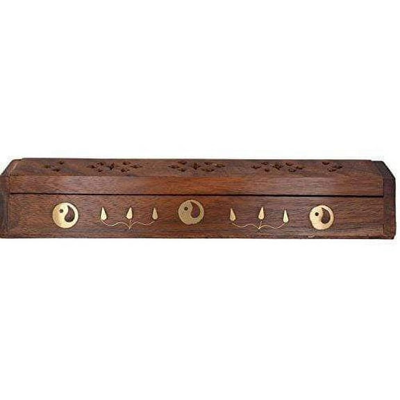 Cavelio Rose Wooden Coffin Incense Burner - Jali and Ying Yang Leaves 12" - Brass Inlays & Storage Compartment (1)