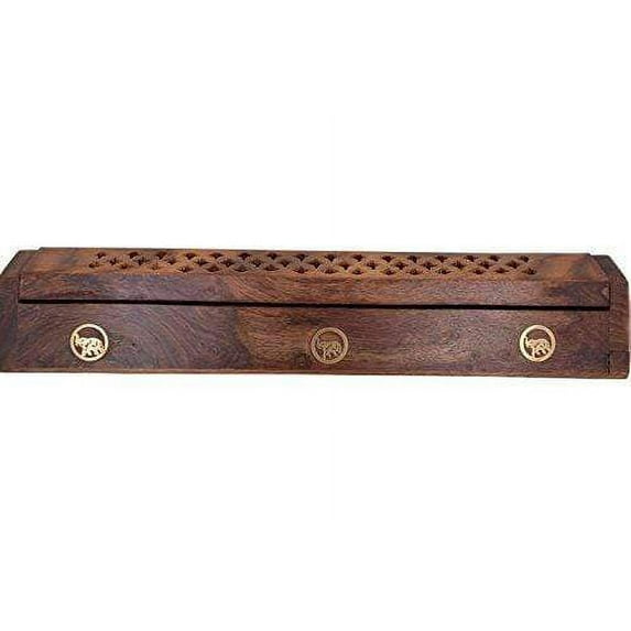 Cavelio Wooden Coffin Incense Burner - Elephant 12" - Brass Inlays & Storage Compartment
