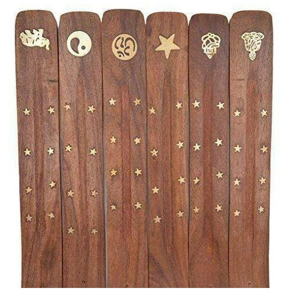 Cavelio Wooden Incense Burner Flat Ash Catcher Assorted Designs with Brass Inlay (6)