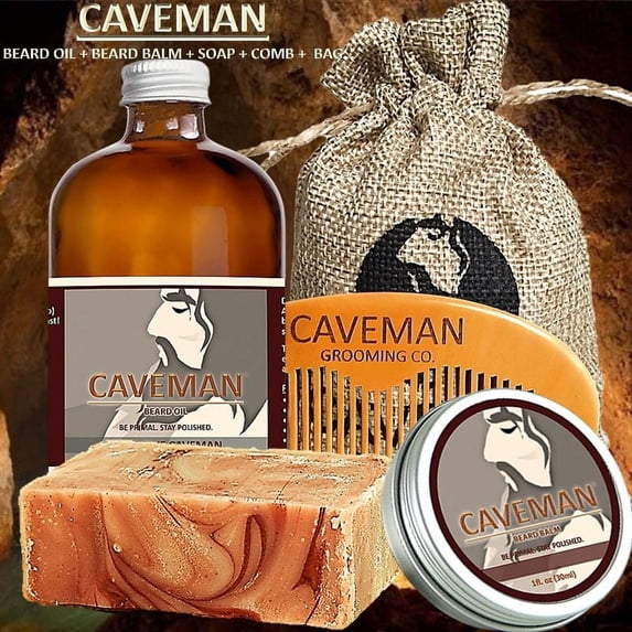 Caveman Beard Oil, Balm, Soap and Comb Kit - Leave in Conditioner Scent: Sensitive
