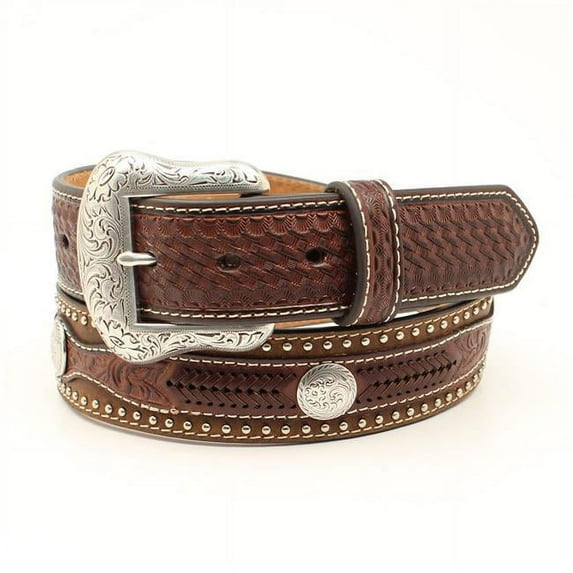 Cavenders 9756044-34 CBC Mens Embossed Overlay 3-Concho Belt, Medium Brown - Size 34