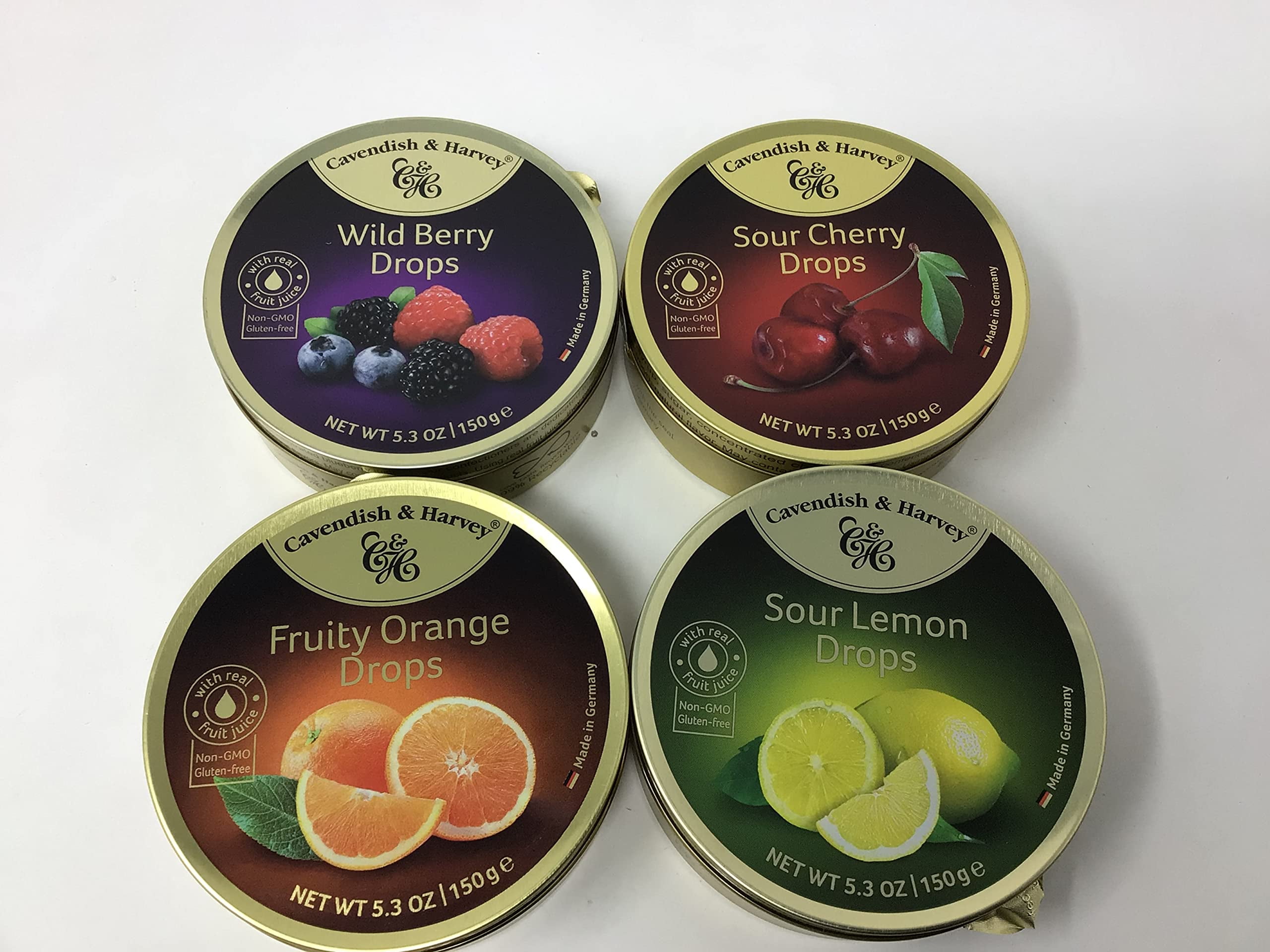 Cavendish & Harvey | Variety Flavor Hard Candy Drops | Orange, Wild Berry, Sour Lemon, & Sour Cherry | 5.3 Ounce Tins - 4 Pack