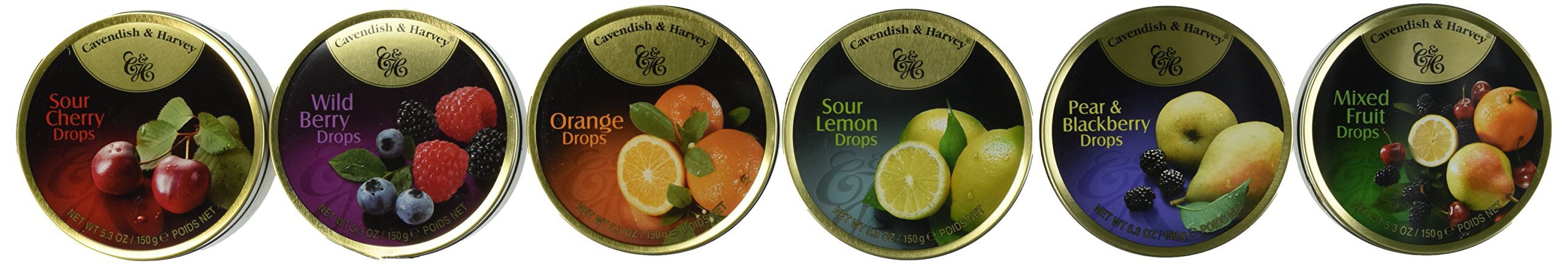 Cavendish & Harvey 6 Pack Variety Flavor Hard Candy Drops | Sour Cherry, Wild Berry, Orange, Sour Lemon, Pear & Blackberry, Mixed Fruit | 5.3 Ounce Tins