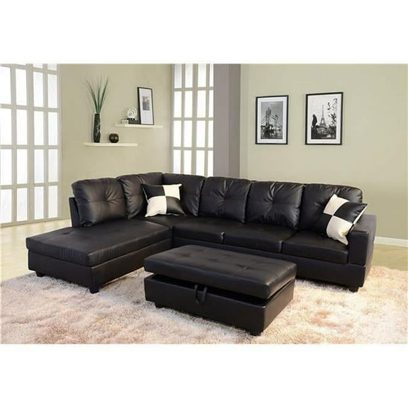 Cavenzi Black Faux Leather Left-facing Sectional Sofa Set