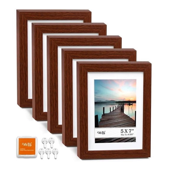 Cavepop SPF-5746F5-WN 4 x 6 in. Picture Frame with Mat & 5 x 7 in. without Mat, Walnut - 5 Piece
