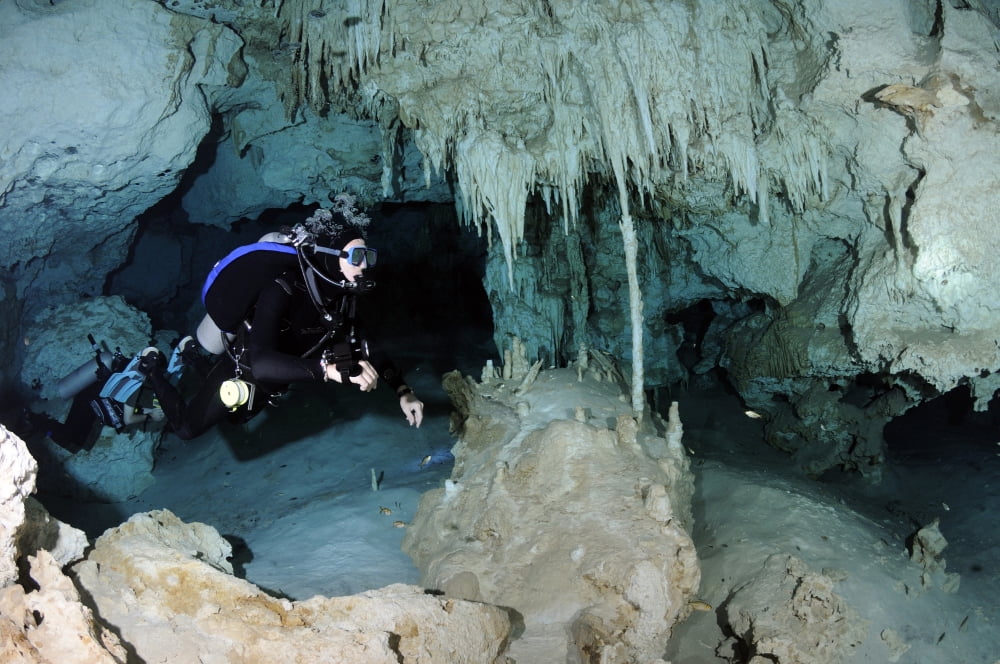 Cavern diver in Dos Ojos cenote system Yucatan Peninsula Mexico Canvas Art - Karen DoodyStocktrek Images (18 x 12)