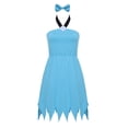 thumbnail image 1 of Cavewoman Cosplay Costume Blue Halter Neck Jagged Dress 2 Piece Outfit with Hair Clip Set for Halloween Stage Performance, 130, 1 of 6