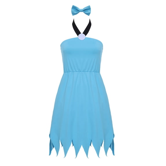 Cavewoman Cosplay Costume Blue Halter Neck Jagged Dress 2 Piece Outfit with Hair Clip Set for Halloween Stage Performance, 130