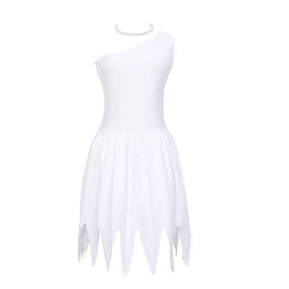 Cavewoman Wilma Cosplay Costume White One Shoulder Jagged Dress 2 Piece Outfit with Pearl Necklace Set for Halloween Stage Performance, 150