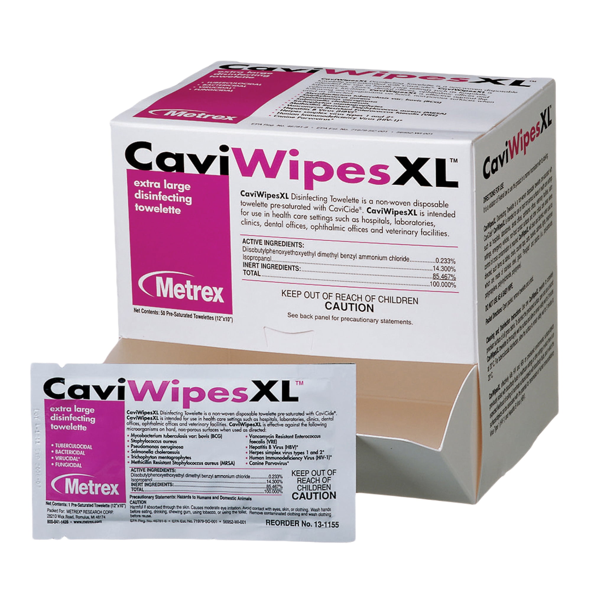 CaviWipes Surface Disinfectant Wipe Individual Packet Alcohol Scent 50 Ct 13-1155