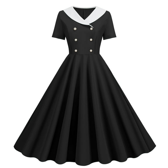 Cavosen 1950 Dress Style Women Black Short Sleeve 1950S Dress Midi Vintage Retro Ruched Pleated A-Line Dresses Plain Casual Dress V-Neck Dress Trendy Dresses Workout Clothes XL