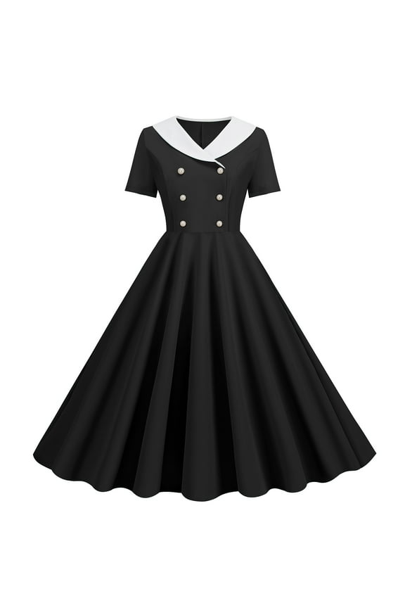 1950 Dress Style Women Black Short Sleeve 1950S Dress Midi Vintage Retro Ruched Pleated A-Line Dresses Plain Casual Dress V-Neck Dress Trendy Dresses Workout Clothes XL