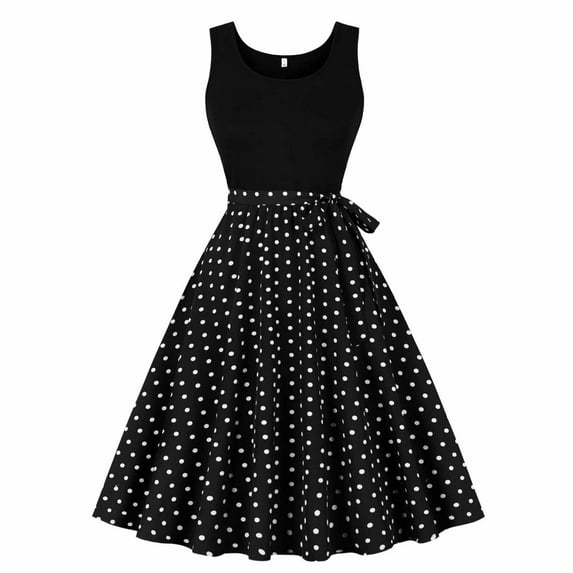 Cavosen 1950 Dress for Women Polka Dot Dresses Sleeveless Vintage Retro Midi Tea Dress Knee Length Party Dress Crewneck A Line Cocktail Dress Bowknot Belt Princess Evening Prom Gown