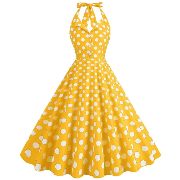 Cavosen 1950 Dress for Women Wedding Guest Vintage Polka Dots Knee Length Tea Dress Sleeveless Midi A Line Dress Halter Neck Party Gown Bowknot Backless Button Cocktail Fit and Flare Dress