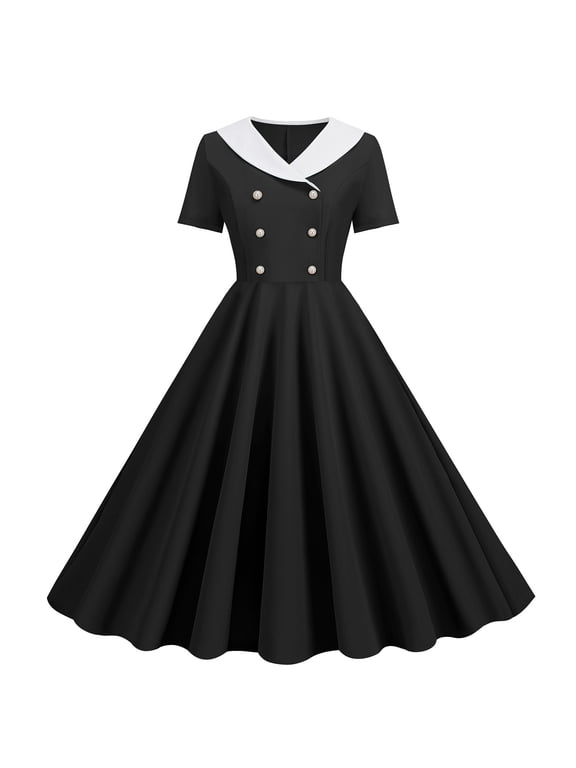 1950 Dresses Women Black Short Sleeve 1950S Dress Midi Vintage Retro Ruched Pleated A-Line Dresses Plain Casual Dress V-Neck Dress Lounge Dresses Trendy Clothes S