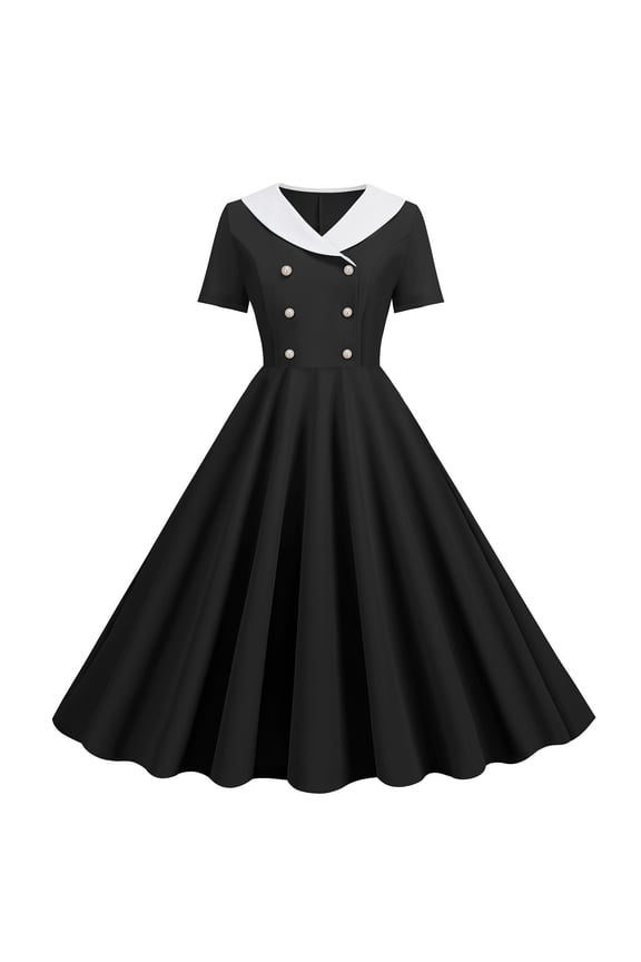 1950 Dresses Women Black Short Sleeve 1950S Dress Midi Vintage Retro Ruched Pleated A-Line Dresses Plain Casual Dress V-Neck Dress Lounge Dresses Trendy Clothes S