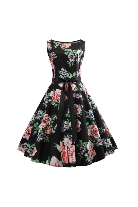 1950 Dresses Women Knee Length Dresses for Wedding Vintage Tea Dress Sleeveless Midi A Line Dress Crewneck Party Dress Evening Prom Gown Bowknot Belt Cocktail Fit and Flare Dress