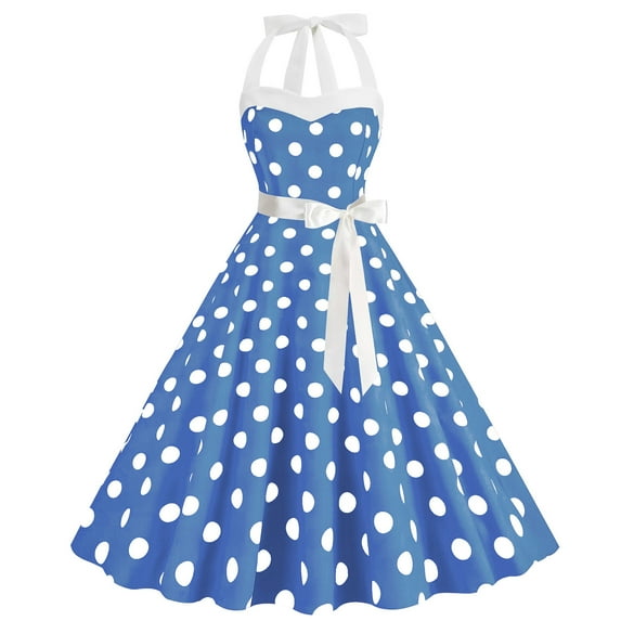 Cavosen 1950 Dresses Women A Line Dresses Knee Length Vintage Polka Dots Tea Dress Sleeveless Midi Dress Halter Neck Party Dress Gown Bowknot Belt Backless Cocktail Fit and Flare Dress