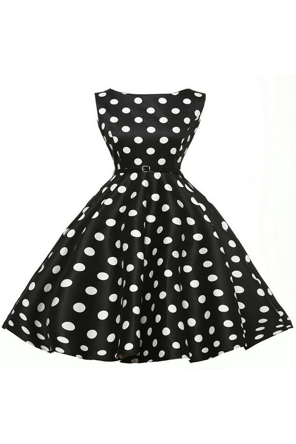 1950 Dresses for Women Vintage Polka Dot Dresses Sleeveless Retro Midi Tea Dress Knee Length Party Dress Round Neck A Line Cocktail Dress Waist Cinched Belt Evening Prom Gown