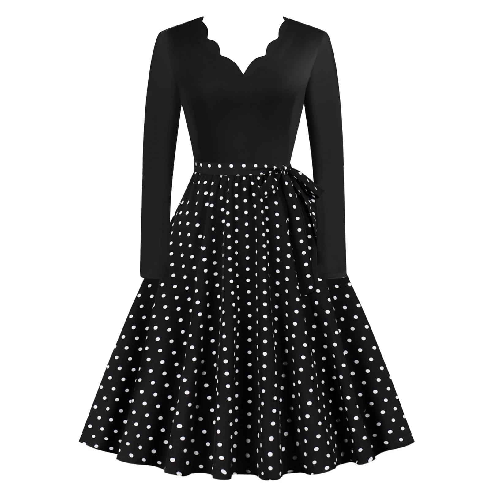 1940s Dresses 1950s Style Polka Dot Swing Dress - Vintage Rockabilly Midi  Dress With Long Sleeves, Garden Party & Retro Dress Rockabilly Garden Party  Dress