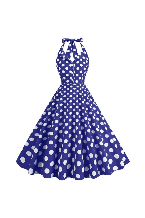 1950 Dresses for Women Vintage Sleeveless Dresses Knee Length Retro Polka Dots Tea Dress Midi A Line Dress Halter Neck Party Gown Bowknot Backless Button Cocktail Fit and Flare Dress