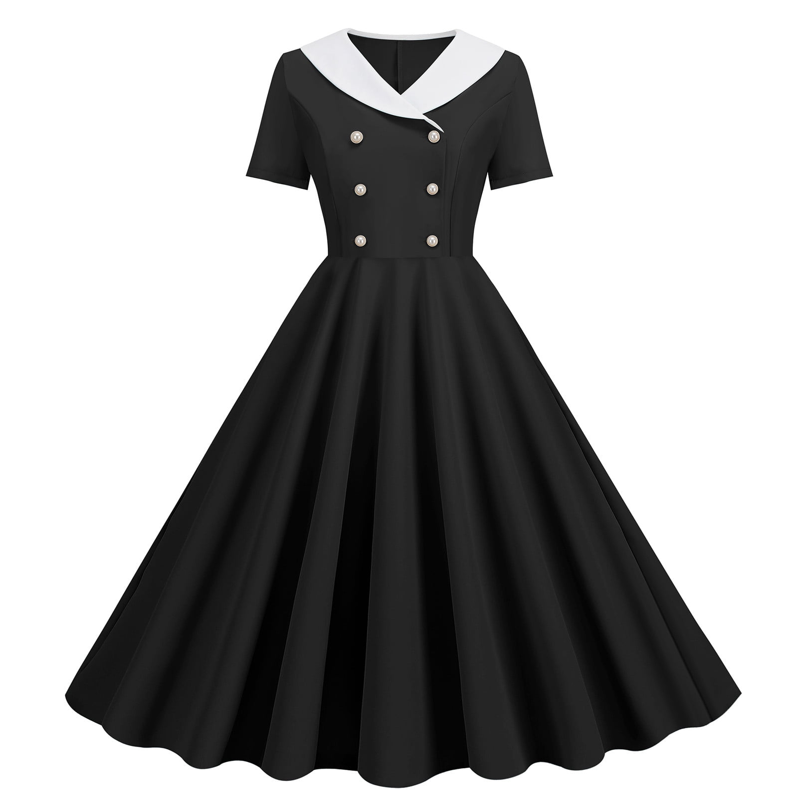 Cavosen 1950S Dresses for Women Black Short Sleeve 1950S Dress Midi Vintage Retro Ruched Pleated A-Line Dresses Plain Casual Dress V-Neck Dress Vacation Dresses Loungewear L