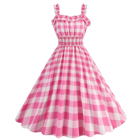 Cavosen 1950S Dresses for Women Vintage Pink Sleeveless 1950S Dress Midi Vintage Retro Ruched Pleated A-Line Dresses Plaid Casual Dress V-Neck Dress Vacation Dresses Loungewear S