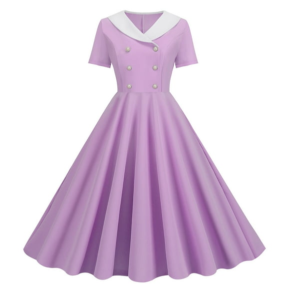 Cavosen 1950S Dresses for Women Vintage Purple Short Sleeve 1950S Dress Midi Vintage Retro Ruched Pleated A-Line Dresses Plain Casual Dress V-Neck Dress Workout Clothes XL