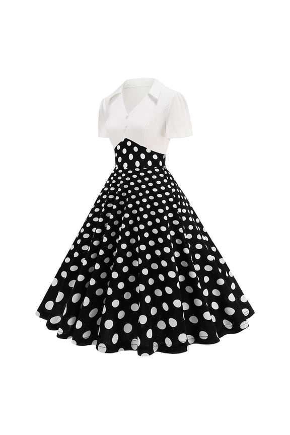 1950s Dresses for Women Vintage Black Retro Short Sleeve V Neck Collar Button Front A-Line Tea Length Dresses Polka Dots Print Elegant Bodycon Cocktail Party Dress S