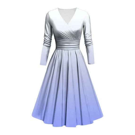 Cavosen 1950s Dresses for Women Vintage Elegant Gradient Pleated Empire Waist A-Line Dress V-Neck Long Sleeve Retro Midi Length Party Gown Dress Cocktail Dress Princess Rockabilly