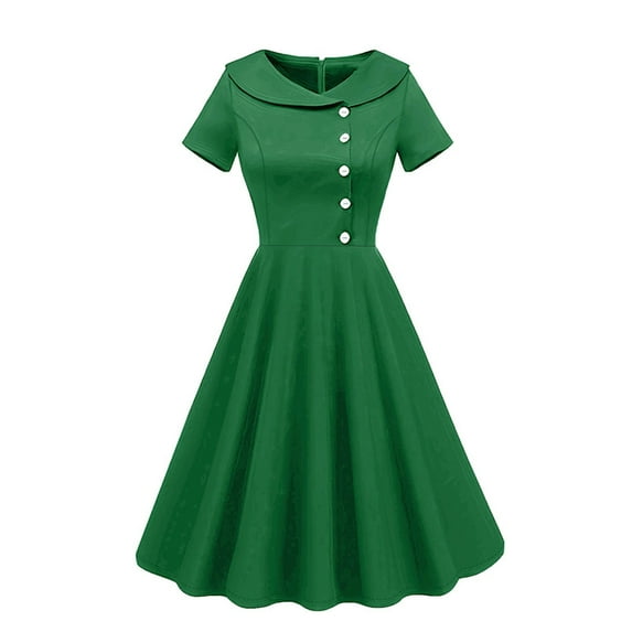 Cavosen 1950s Dresses for Women Vintage Green Retro Short Sleeve Crewneck Collar Button Front Zipper Back A-Line Tea Length Dresses Solid Elegant Bodycon Cocktail Party Dress XL
