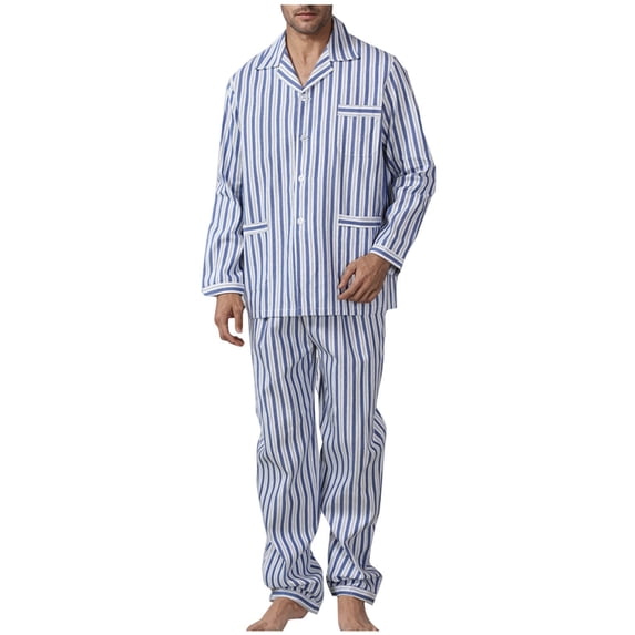 Cavosen 2 Piece Cotton Mens Pajamas Set LapelButton Long Sleeve Top and Elastic Waist Pants Loose Stripe Sleepwear Pockets Soft Loungewear