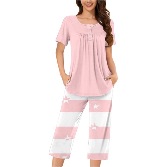Cavosen 2 Piece Lounge Set Women Pajama Button Front Pleated Soft Sleepwear Short Sleeve Round Neck Pullover Tops Striped Capri Nightwear Loungewear with Pocket Casual Pink 3XL