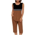 thumbnail image 1 of Cavosen 2 Piece Lounge Set Women Pajama Pleated Soft Sleepwear Sleeveless Crewneck Pullover Tank Tops Capri Nightwear Color Block Loungewear with Pocket Casual Pjs Brown S, 1 of 5