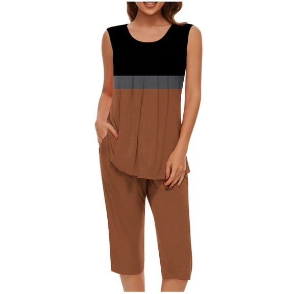 Cavosen 2 Piece Lounge Set Women Pajama Pleated Soft Sleepwear Sleeveless Crewneck Pullover Tank Tops Capri Nightwear Color Block Loungewear with Pocket Casual Pjs Brown S
