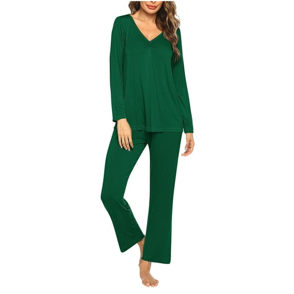 Cavosen 2 Piece Lounge Set Women Pajamas Outfits Sets Long Pants Long Sleeve V-Neck Sleepshirts Nightwear Solid Fashion Homewear Lightweight Soft Sleepwear Fall Winter Clothes