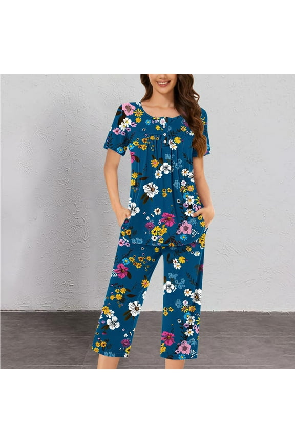 2 Piece Lounge Set Women Short Sleeve with Pocket Button Pajamas Outfits Sets Capris Tops Sleepwear Pleated Nightwear Lightweight Comfy Homewear Fall Winter Clothes