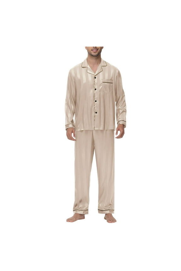 2 Piece Men's Pajamas Silk Long Sleeve Satin Top and Elastic Waist Pants Loose Sleepwear Lightweight Soft Loungewear