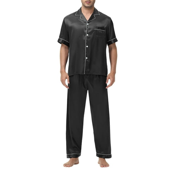 Cavosen 2 Piece Mens Big and Tall Pajamas Silk Button Short Sleeve Shirt and Elastic Waist Pants Loose Sleepwear Comfortable Loungewear