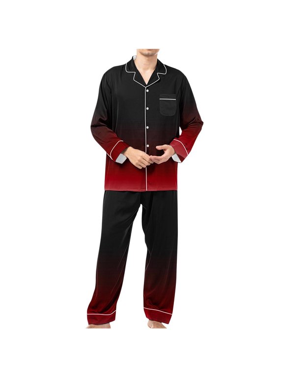2 Piece Mens Fall Pajamas LapelButton Long Sleeve Top and Elastic Waist Pants Loose Sleepwear Printed Cardigan Pockets Casual Loungewear