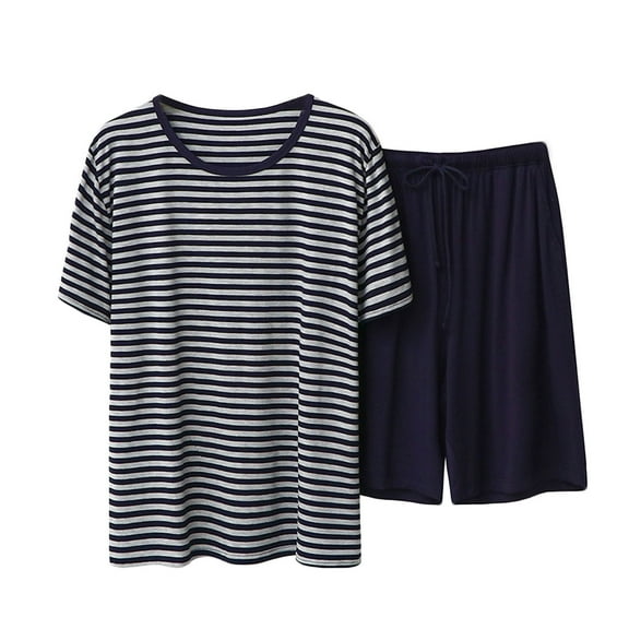 Cavosen 2 Piece Mens Silk Pajamas Set Crew Neck Short Sleeve Shirt and Elastic Waist Pants Loose Stripe Sleepwear Color Block Casual Loungewear