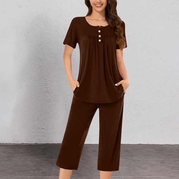 Cavosen 2 Piece Outfits for Women Lounge Sets with Pocket Button Pajamas Outfits Sets Capris Short Sleeve V-Neck Tops Nightwear Pleated Solid Homewear Baggy Sleepwear Fall